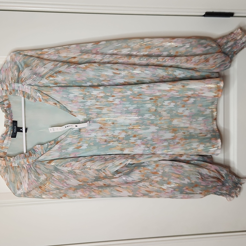 NWT AQUA Turquoise Multicolor Top Metallic Abstract Size XL